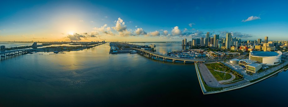 全景图, 迈阿密, 佛罗里达, 水, 美国, 城市, 摩天楼, 里程碑, 海滨