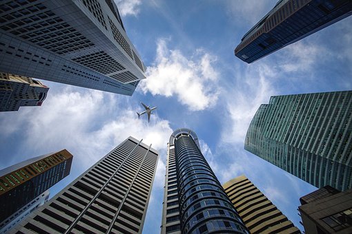 摩天楼, 新加坡, 天空, 蓝色, 建设, 金融区, 飞机, 结构, 城市
